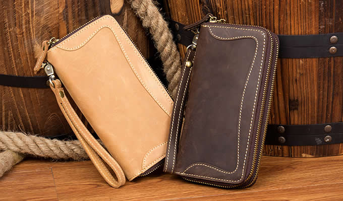 Mens Genuine Leather Cowhide Checkbook Organizer Double Zipper Long Wallet - FeelGift