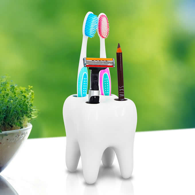 White Ceramic Tooth Shaped Toothbrush Holder Stand - FeelGift