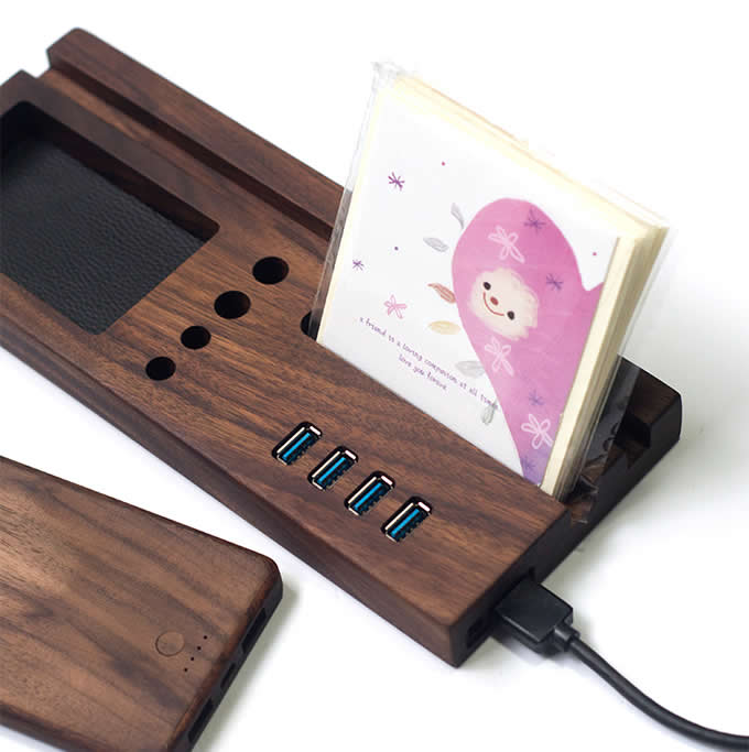 Wood Office Desk Organizer with iPad Stand, Phone Holder With 4 Port