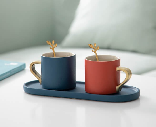 Fashion Two-color Couple Ceramic Coffee Cup With Tray