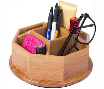 360 Degree Bamboo Wooden Rotation Office Supplies Storage Container 