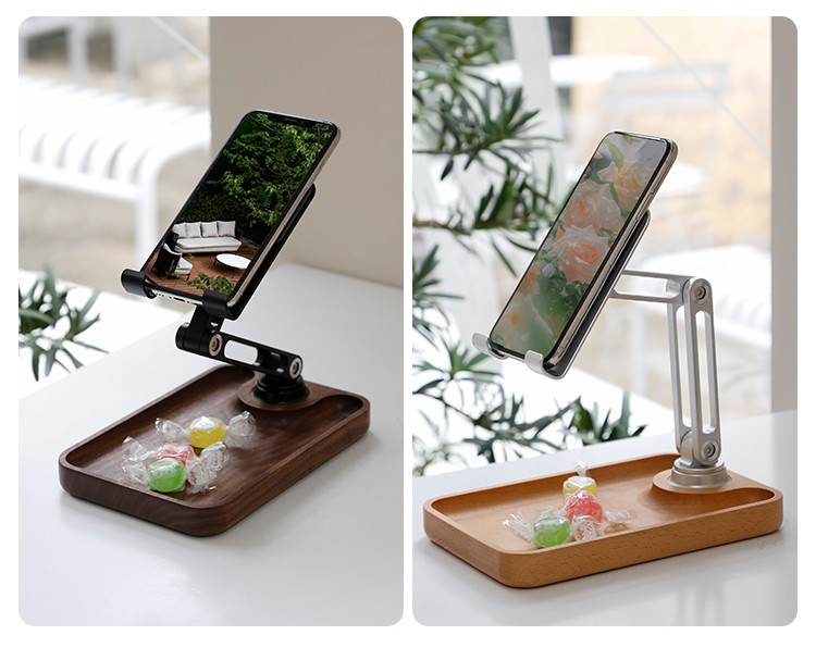 Wood And Aluminum Alloy Combination 360-Degree Rotation, Folding Phone Holder