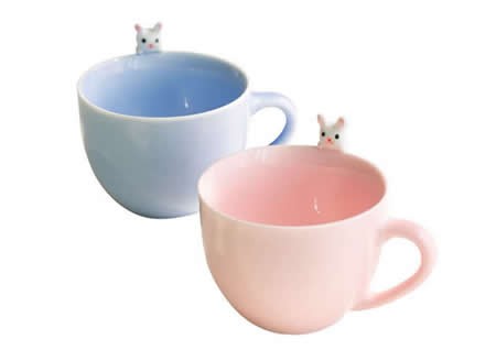 3D Cute Lovely Cartoon Cat & Rabbit Figurine Ceramics Coffee Cup