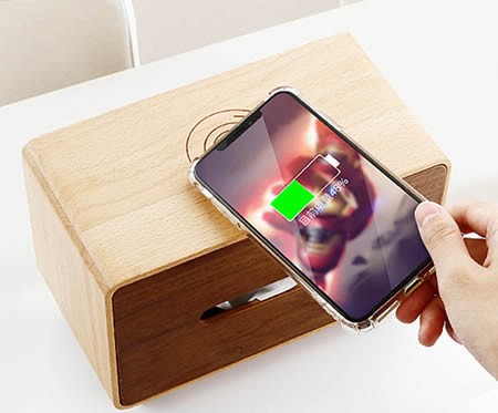 Brief wooden tissue box with mobile phone wireless charging