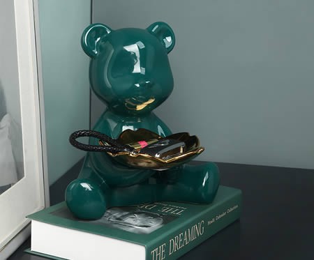 Cute dark green abstract bear storage tray Living room desktop pink decoration