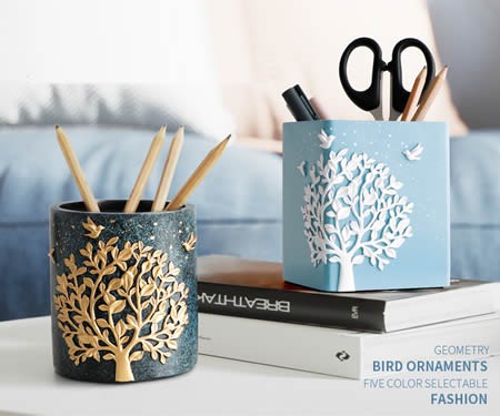 Brief large tree and bird desktop decoration storage art pen holder