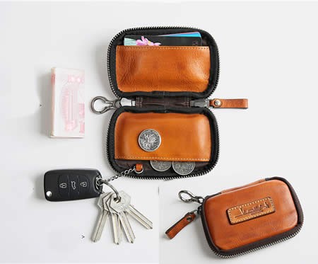 Classic Easy To Carry Handmade Leather Cowhide Key Bank Card Organizer Small Wallet