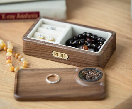 Brief Black Walnut Wood Ring Necklace Jewelry Organize Storage Box