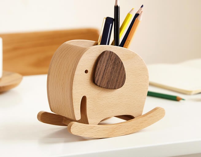 Cute Wooden Elephant Office Organize Storage Pen Holder