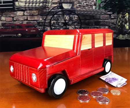 Creative suv vehicle shape handmade wooden car piggy bank coin box