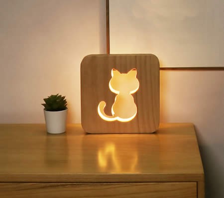 Cute Kitten Pattern Wooden Night Light