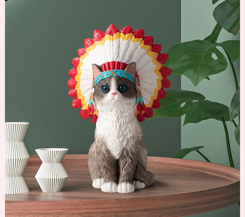Amusing Native American Style Cat Sculpture Figurine