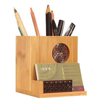 Bamboo Desktop Office Supplies Organizer Pencil Pens Business Card Holder 