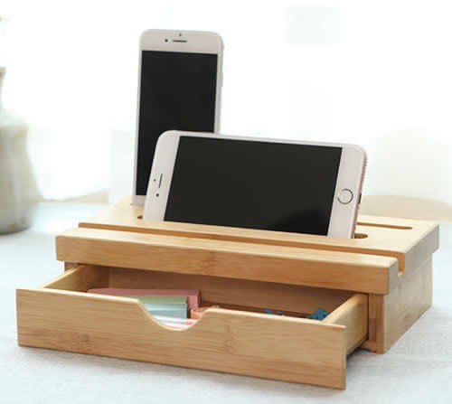 Bamboo Drawer Organizer With Smartphones Tablets Holder 