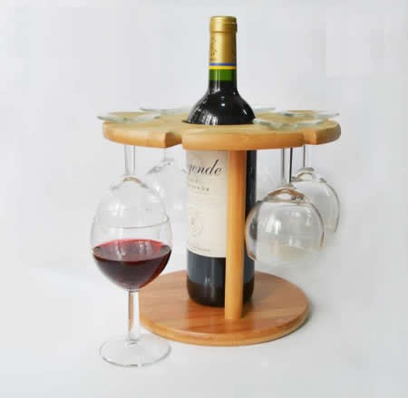 Bamboo  Single Wine Bottle Rack, 6 Glass Stemware Storage Display Stand