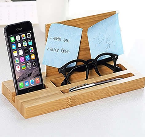 Bamboo Wood Office Desk Organizer Mobile Phone Stand 