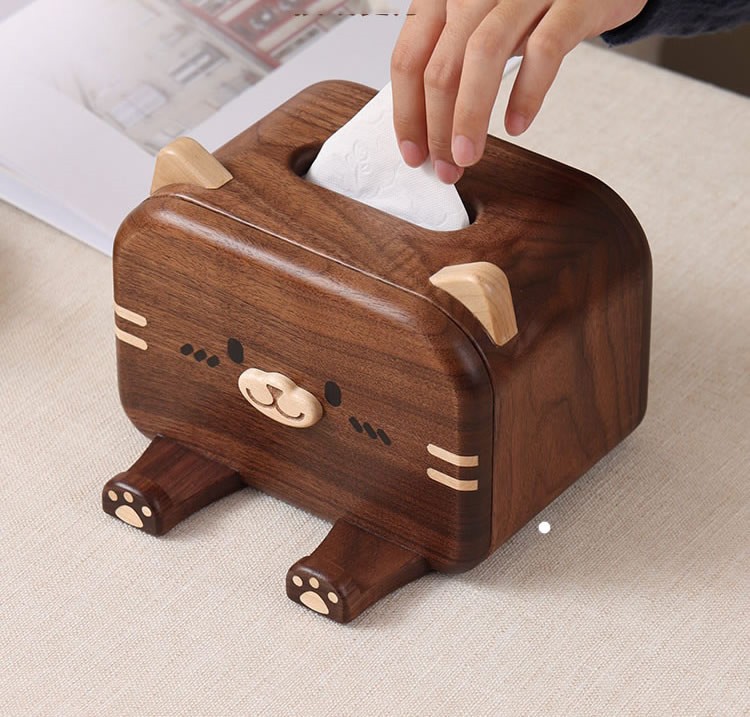 Black Walnut Wood Cat Face Tissue Box With Phone Stand