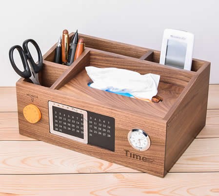 Bamboo Wood Multi-Function Desktop Tissue Box Cover Perpetual calendar Remote Control Holder Storage Box