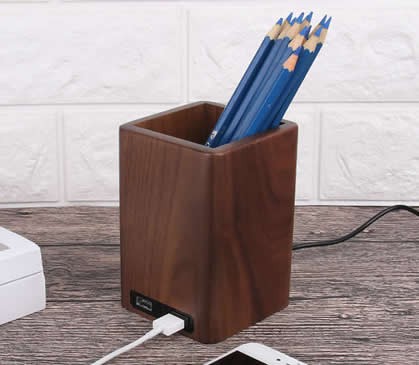 Black Walnut Wooden Pen Holder with 2 USB Charging Port 