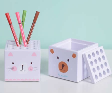 Cartoon Bear & Kitten Face  Pen Display Stand 16-Slots Pen Pencil Holder