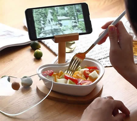 Ceramic Lazy Seeds Snacks fruit Plate With Bamboo Mobile phone holder 