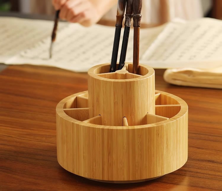 Circular Bamboo and Wood Rotating Pen Holder