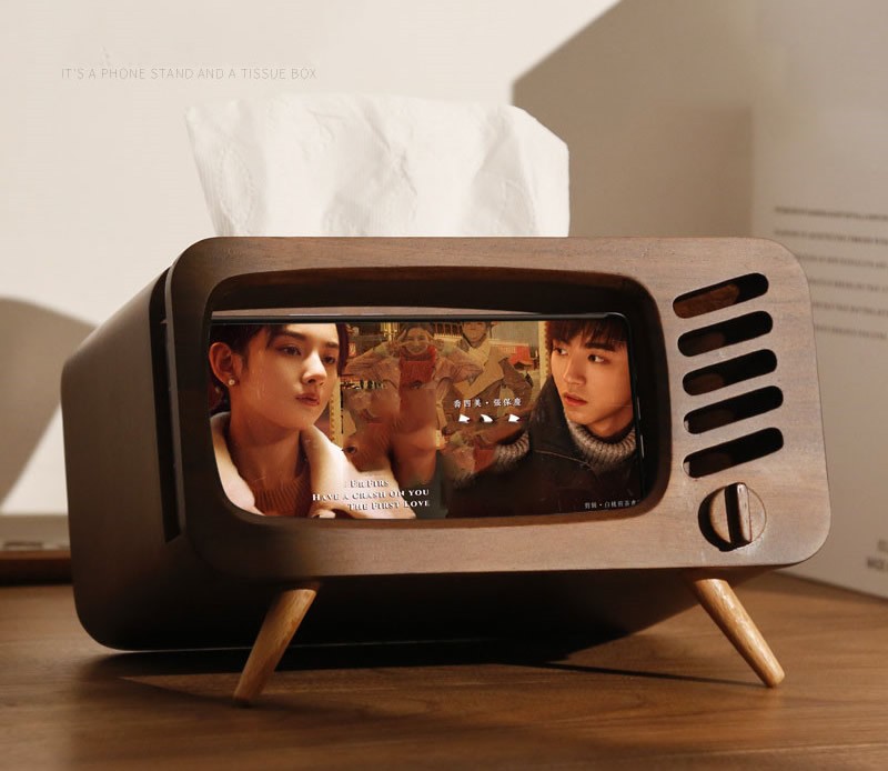 Creative Wooden TV Tissue Box Phone Holder