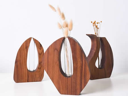Crystal Glass Test Tube Vase in Wooden Stand Flower Pot