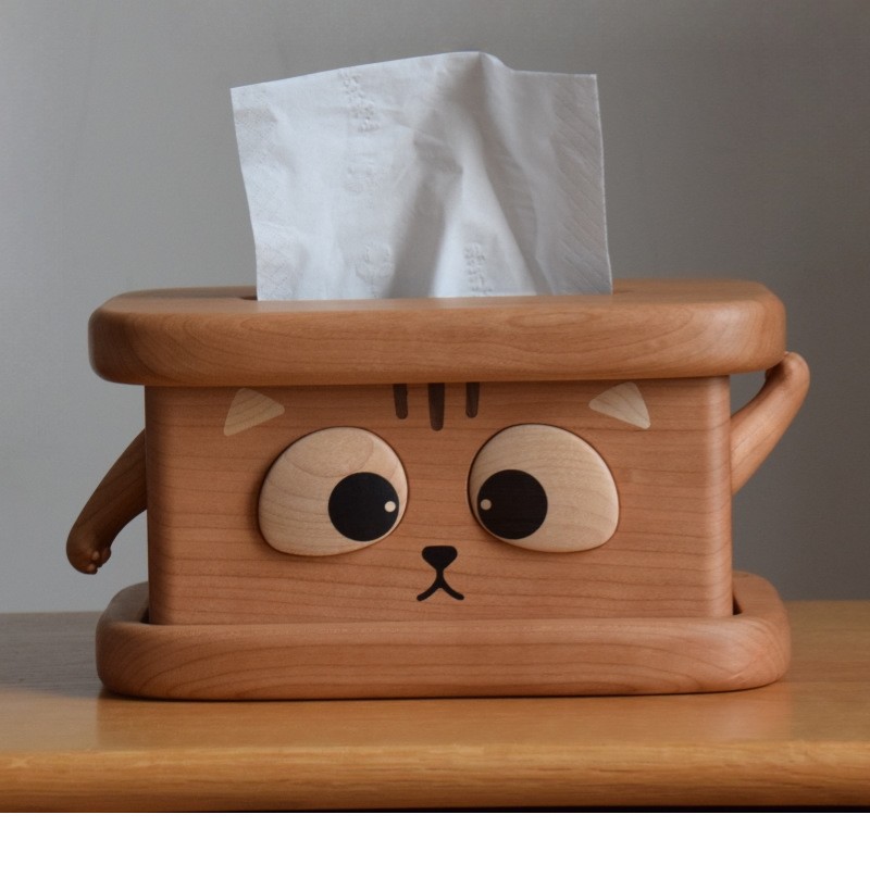 Cute Big Eyes Cat Wooden Tissue Box, Home Office Decoration