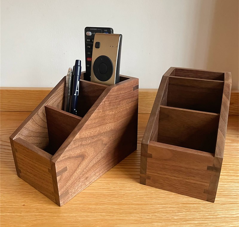 Desktop Pen Holder, 3 Grid Storage Boxes, Black Walnut Wood