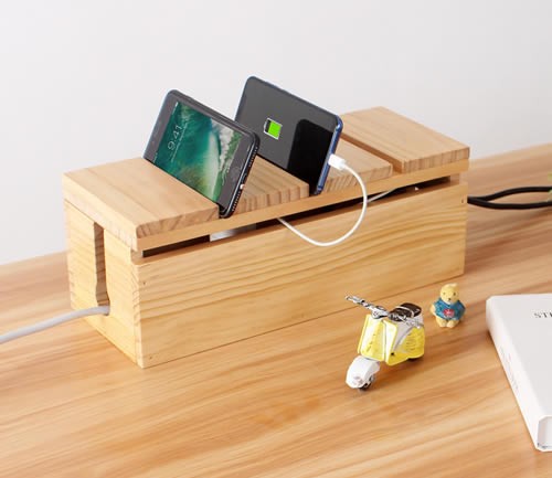 Desktop Wooden Power Outlet Organize Storage Box Wood Phone Holder