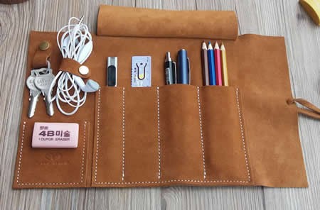  Genuine Leather Roll Up Style Pen Pencil Case,Black & Brown