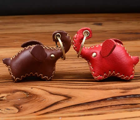 Handmade Genuine Leather Elephant Style Keychain Key Ring, 2 Piece Set