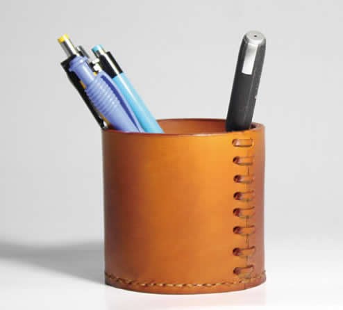 Handmade Genuine Leather Round Pens Pencils Holder Desk Organizer ...