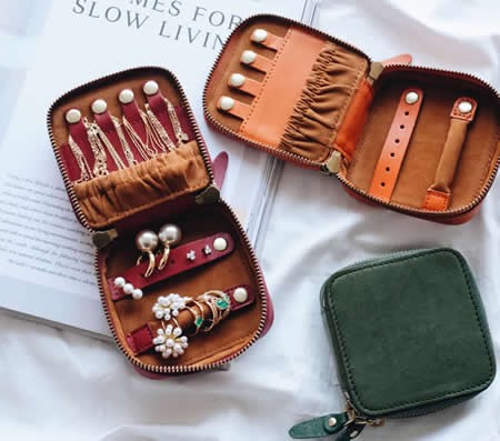 Handmade Genuine Leather Travel Jewelry Organizer Bag Storage Case for Necklace, Earrings, Rings, Bracelet