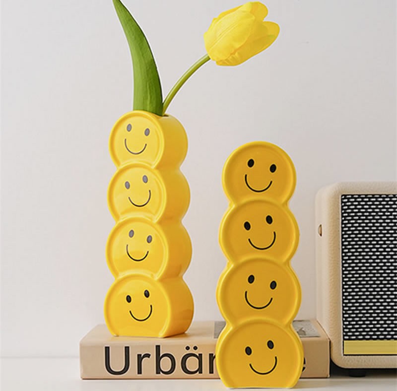 Happy Smiley Expression Ceramic Art Yellow Vase