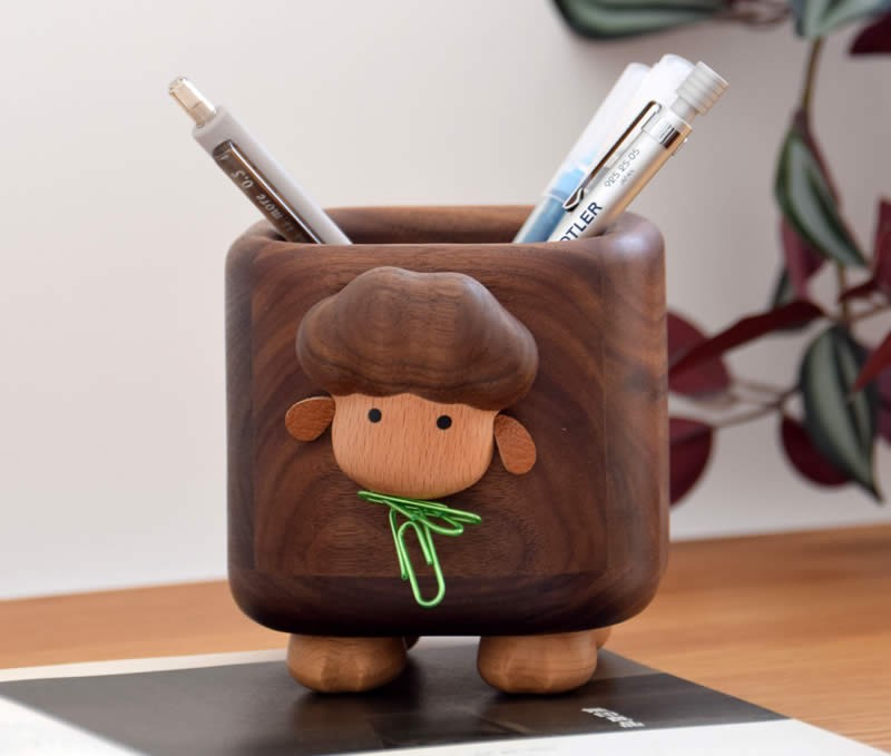 Cute Little Sheep Black Walnut Pen Holder