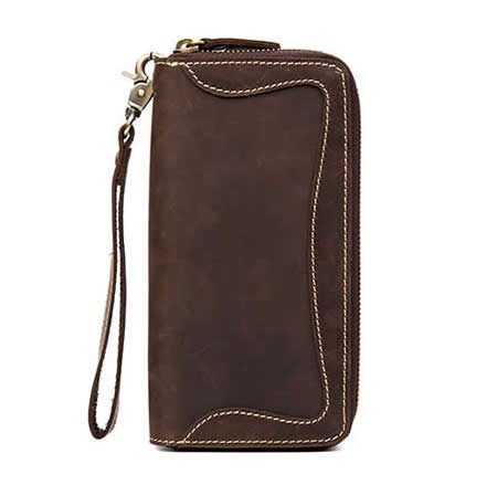 Mens Genuine Leather Cowhide Checkbook Organizer Double Zipper Long Wallet