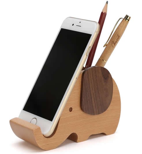 Wooden Elephant Pencil Holder Desk Organizer Phone Stand Holder