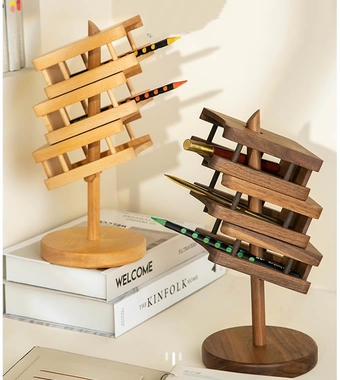 Office Multi-layer Hollow Wood Organize Storage Pen Holders