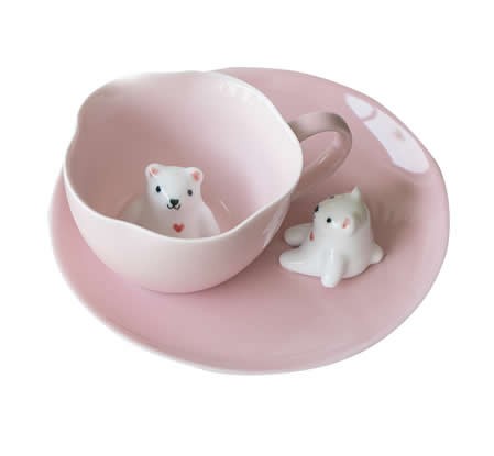 Pink 3D Bear & Cat Ceramic Coffee Cup With Saucer