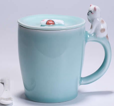 Porcelain Coffee Mug with Cat On Handle