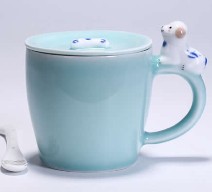 Porcelain Coffee Mug with Dog On Handle