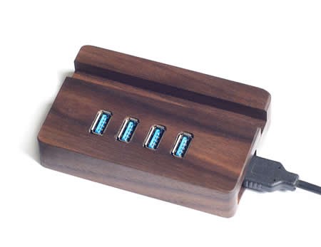 Portable Wooden USB 3.0 4-Port Hub with Stand for All Phones