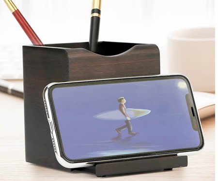 Retro Office Wooden Square Pen Holder With Phone Holder