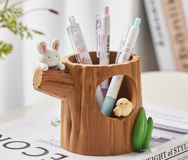 Rabbit Bird Tree Stump Pen Holder