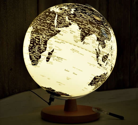 Rotating LED World Globe Map Table Lamp with Wood Base, 25cm Diameter