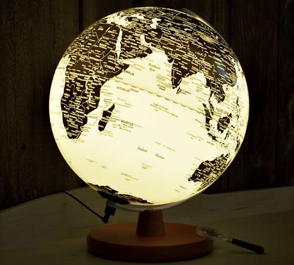 Rotating  LED  World Globe Map Table Lamp with Wood Base, 30cm Diameter