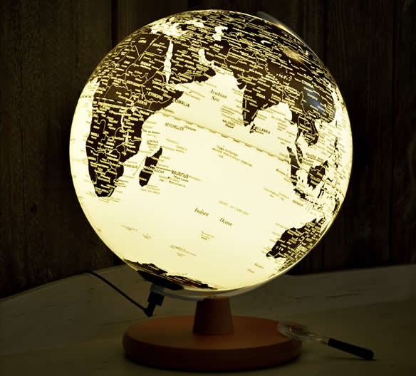 Rotating  LED  World Globe Map Table Lamp with Wood Base, 20cm Diameter
