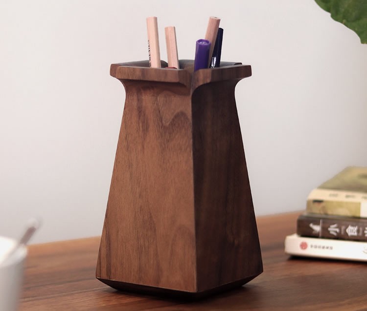 Square Black Walnut Wooden Pen Holder Pencil Storage